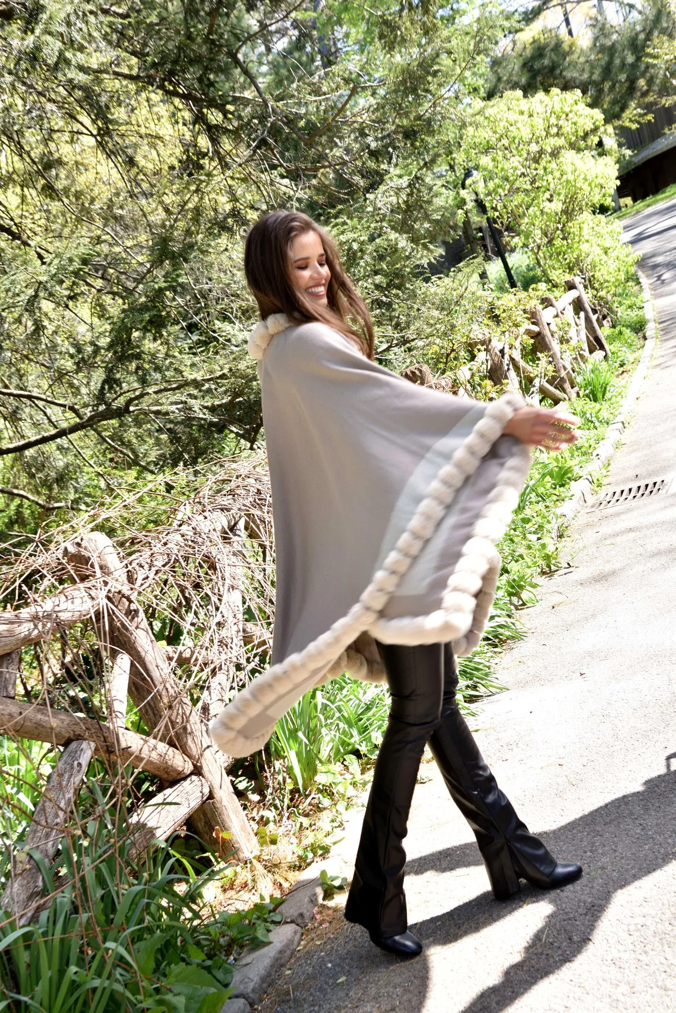 Houndstooth Cape/Wrap with Faux Trim - Beige/Taupe