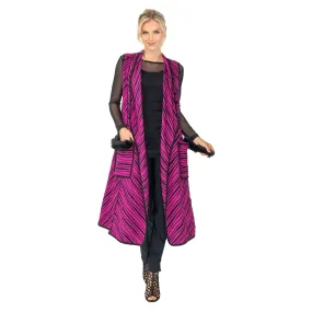 IC Collection Diagonal Stripe Long Vest w/ Fur Trim in Fuchsia - 6957V-FS