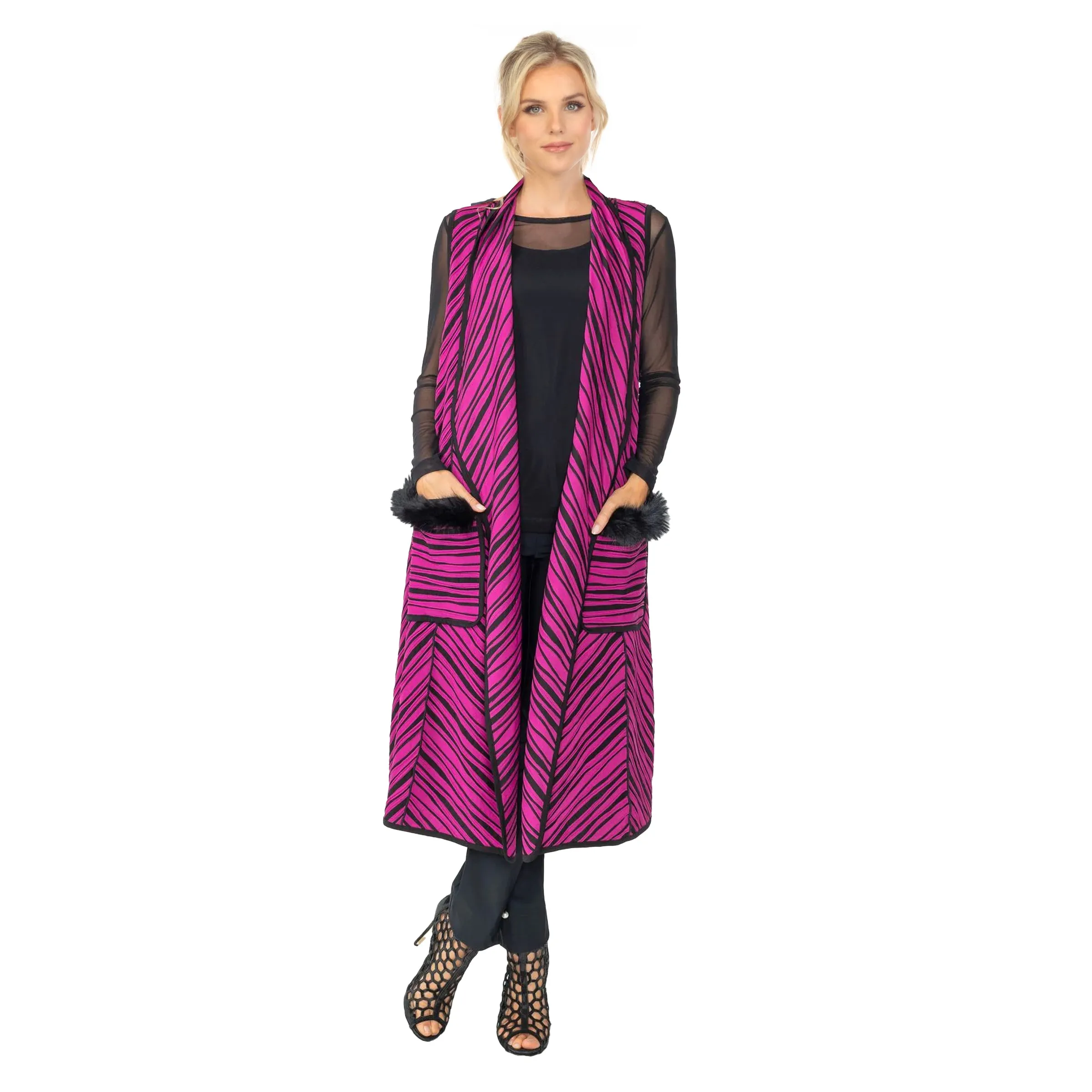 IC Collection Diagonal Stripe Long Vest w/ Fur Trim in Fuchsia - 6957V-FS