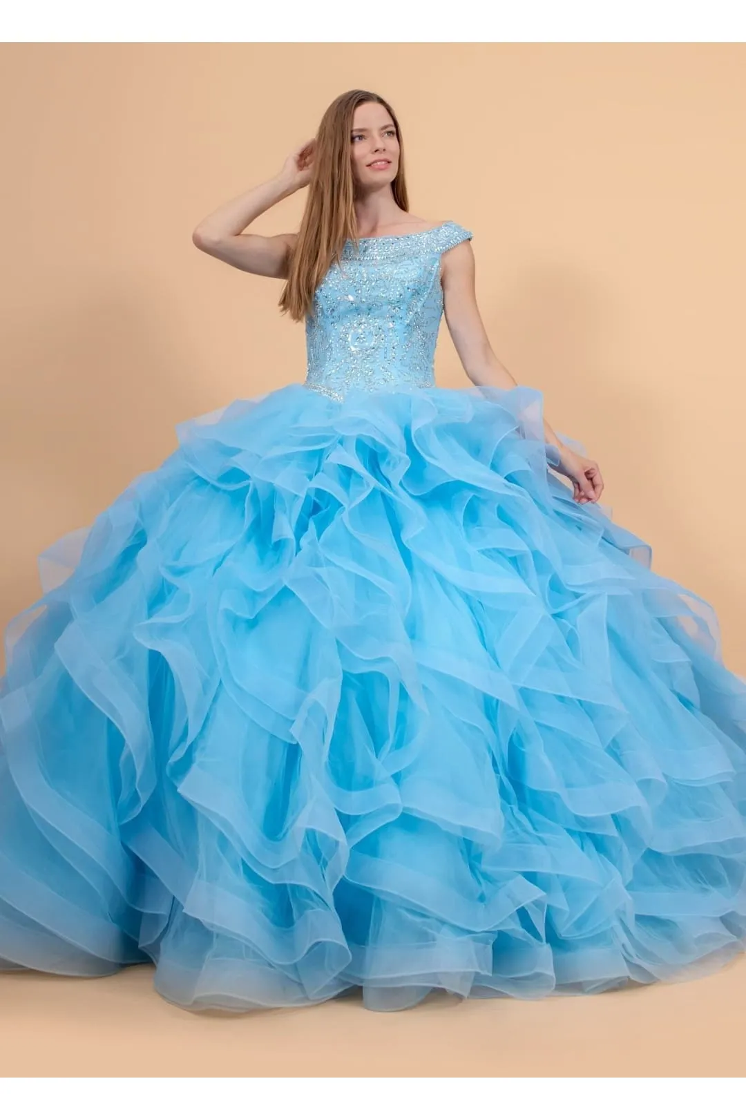 Jeweled Cap Sleeve Ball Gown with Layered Skirt by Elizabeth K GL1600