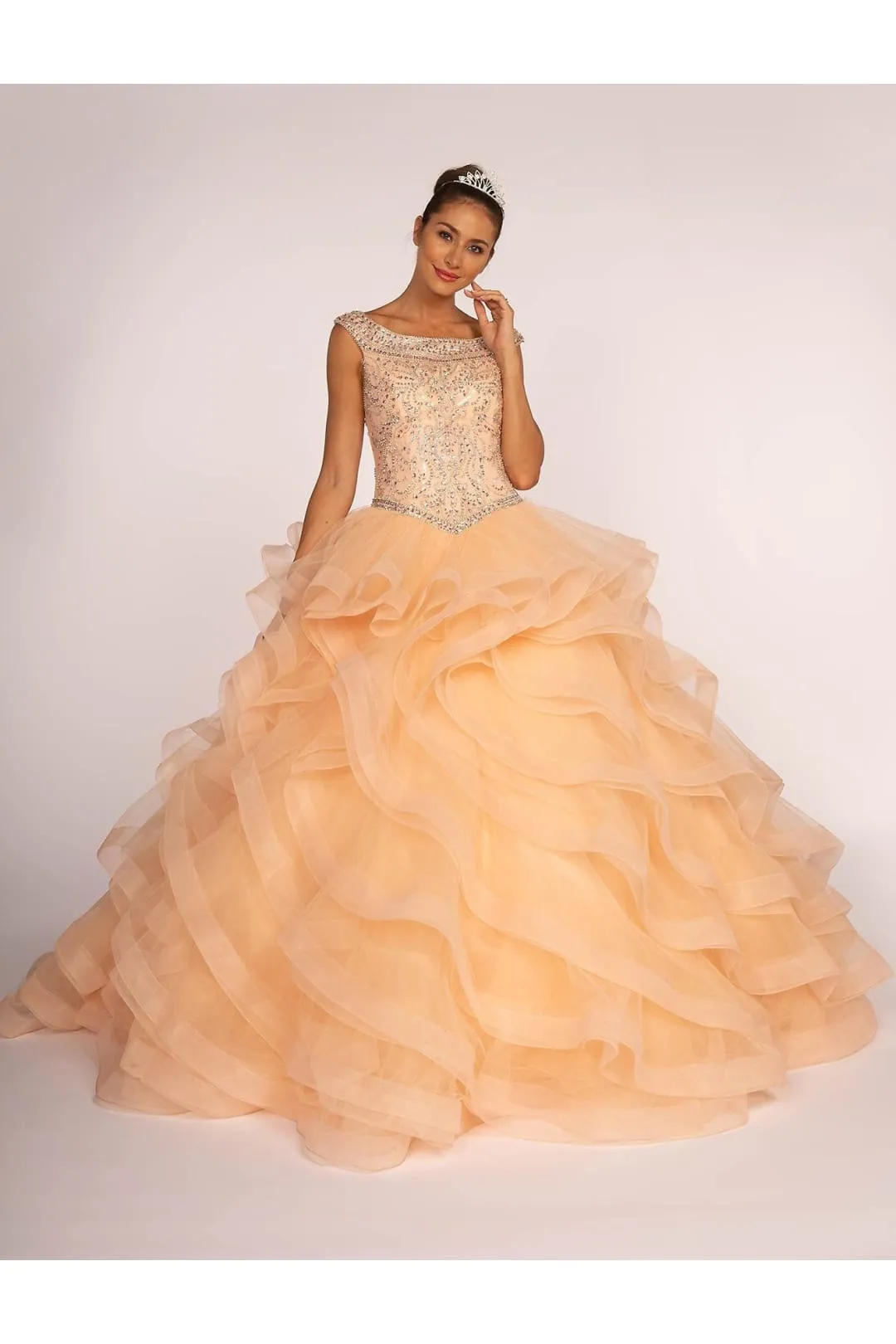 Jeweled Cap Sleeve Ball Gown with Layered Skirt by Elizabeth K GL1600