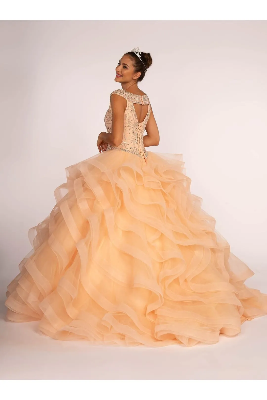 Jeweled Cap Sleeve Ball Gown with Layered Skirt by Elizabeth K GL1600