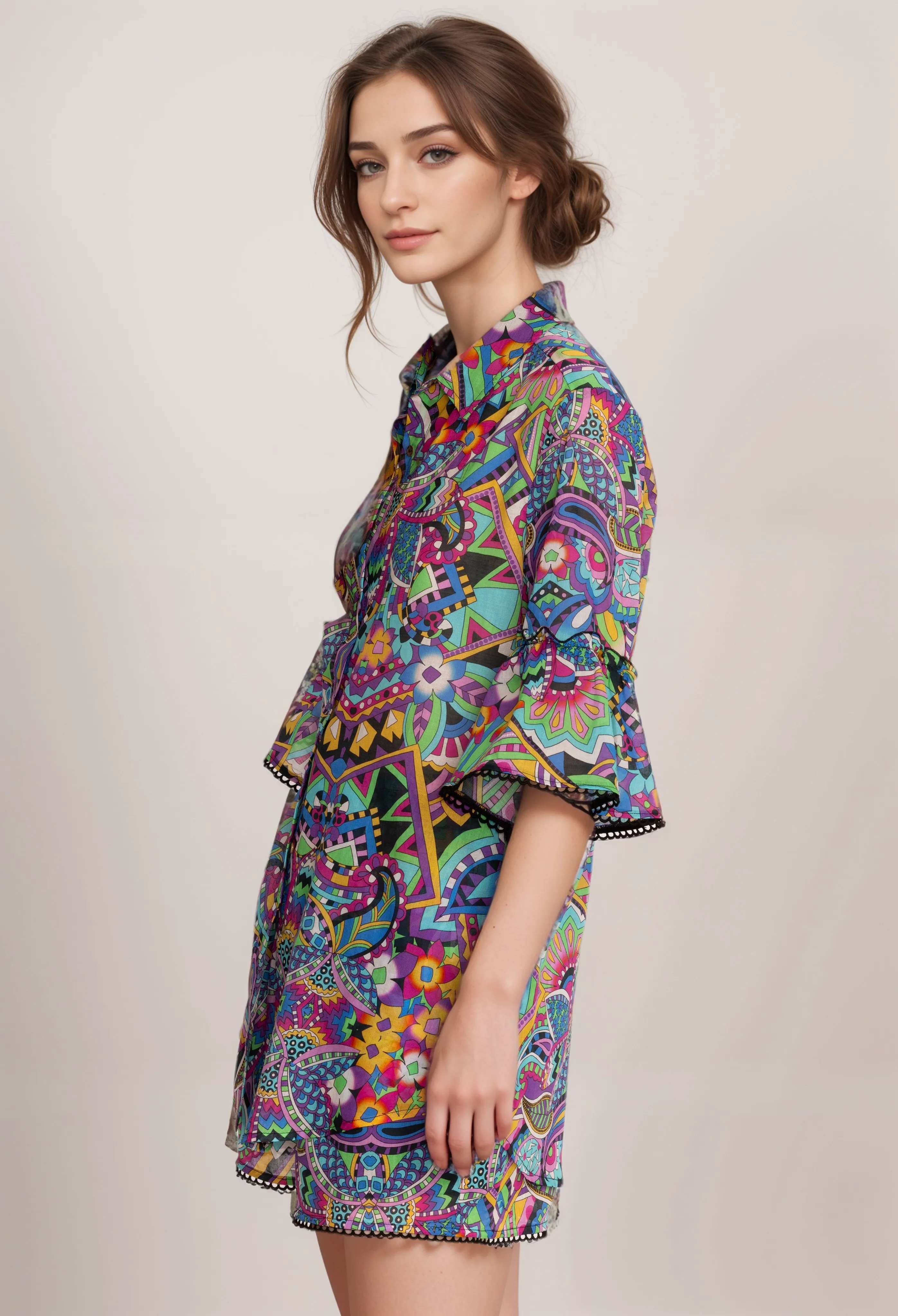 Johnny Was Multi Ruffle Sleeve Tunic R24924 Boho Chic
