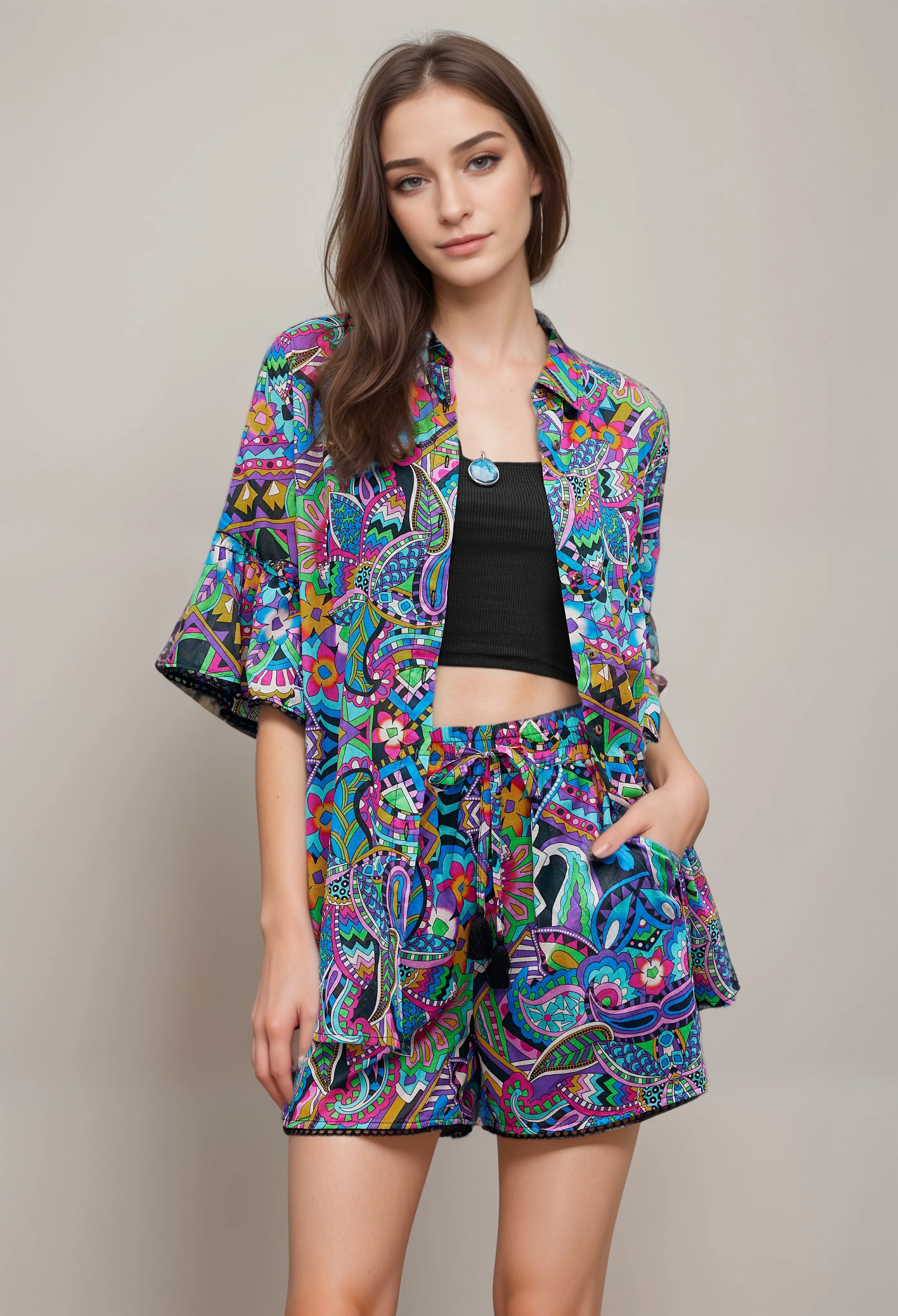 Johnny Was Multi Ruffle Sleeve Tunic R24924 Boho Chic