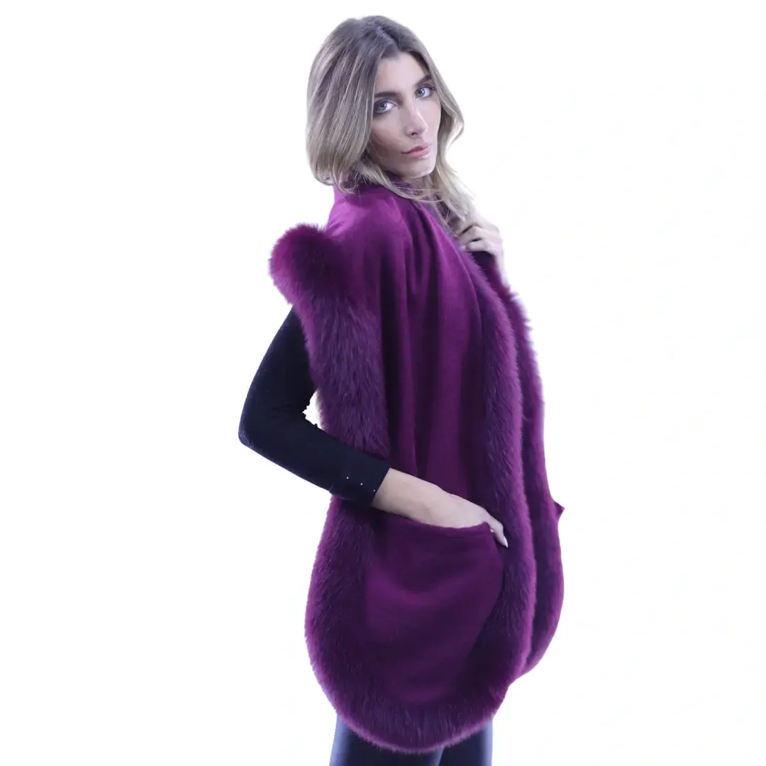 La Fiorentina Fox Fur Trimmed Cashmere Scarf with Pockets - Plum