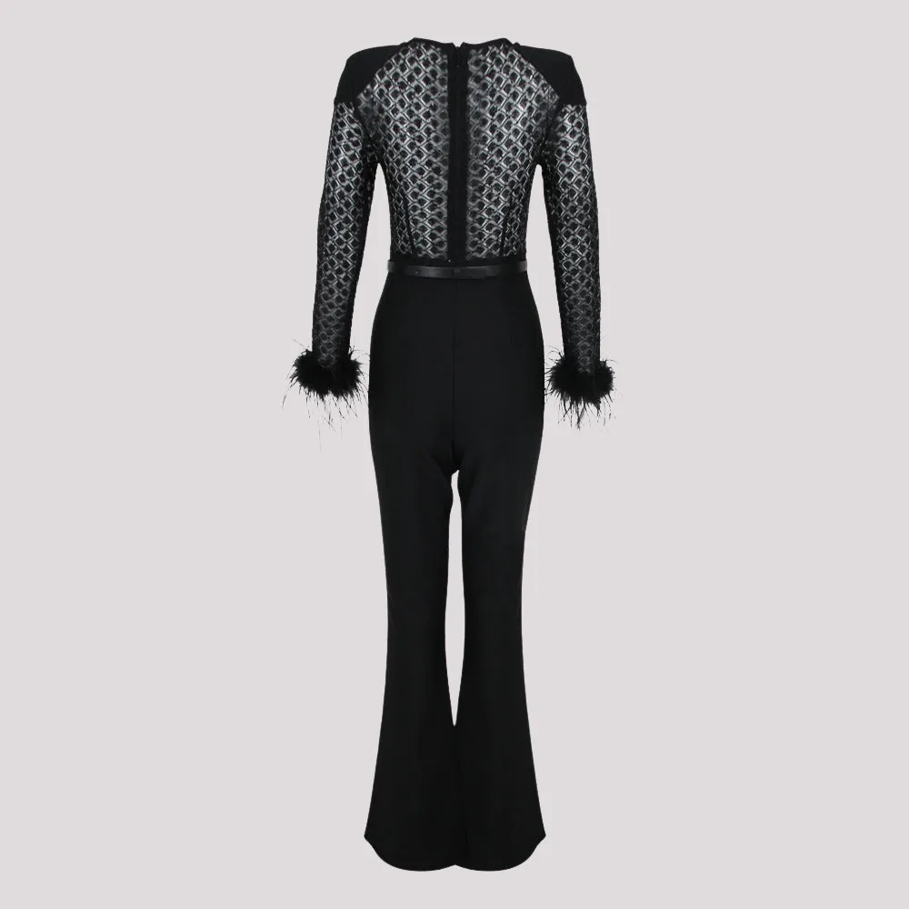 Lenira - Fur Sleeves Lace Slim Fit Jumpsuit