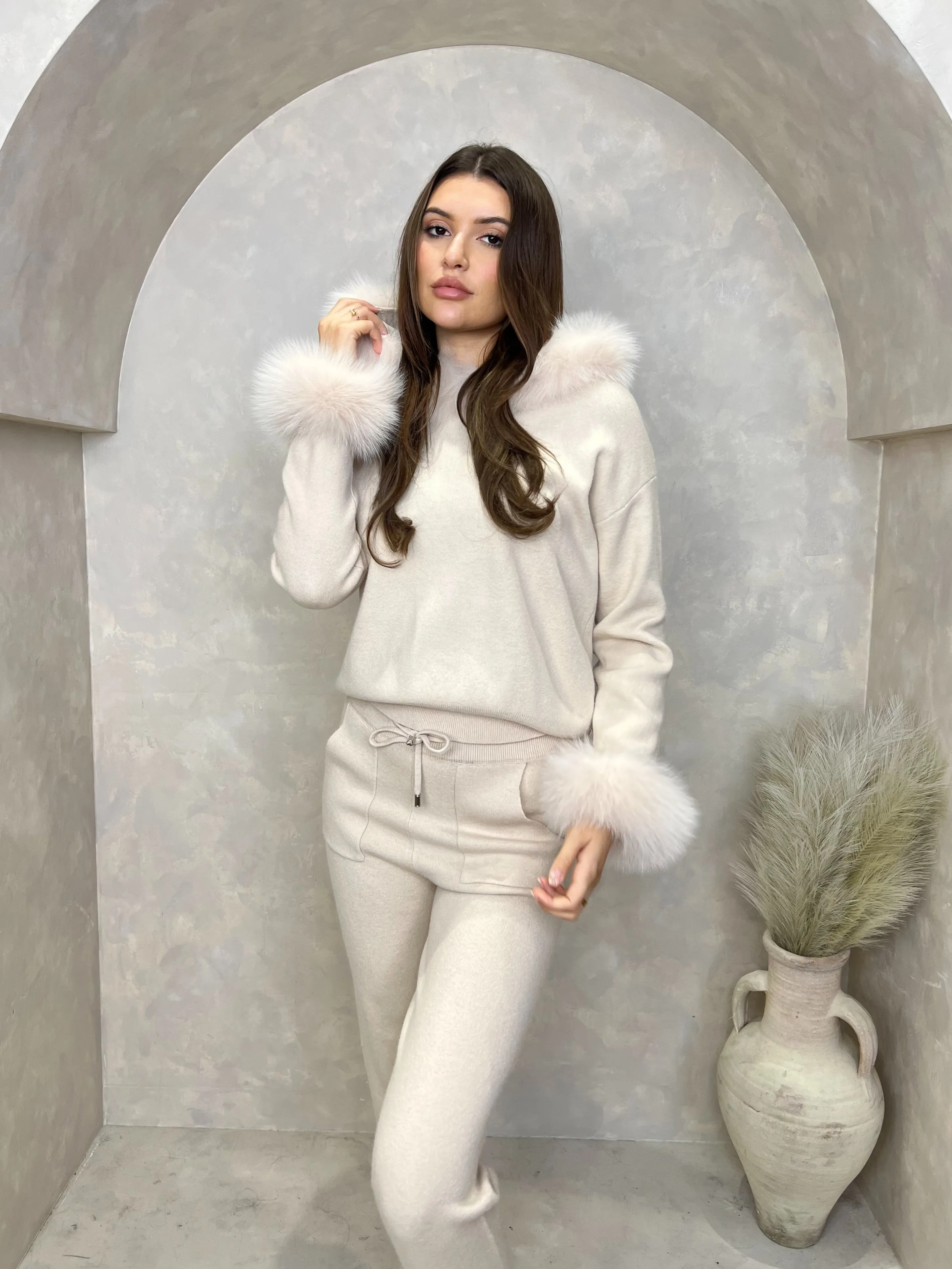 Light Beige Luxury Fur Trim Hood & Cuff Jogger Tracksuit