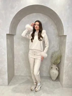 Light Beige Luxury Fur Trim Hood & Cuff Jogger Tracksuit