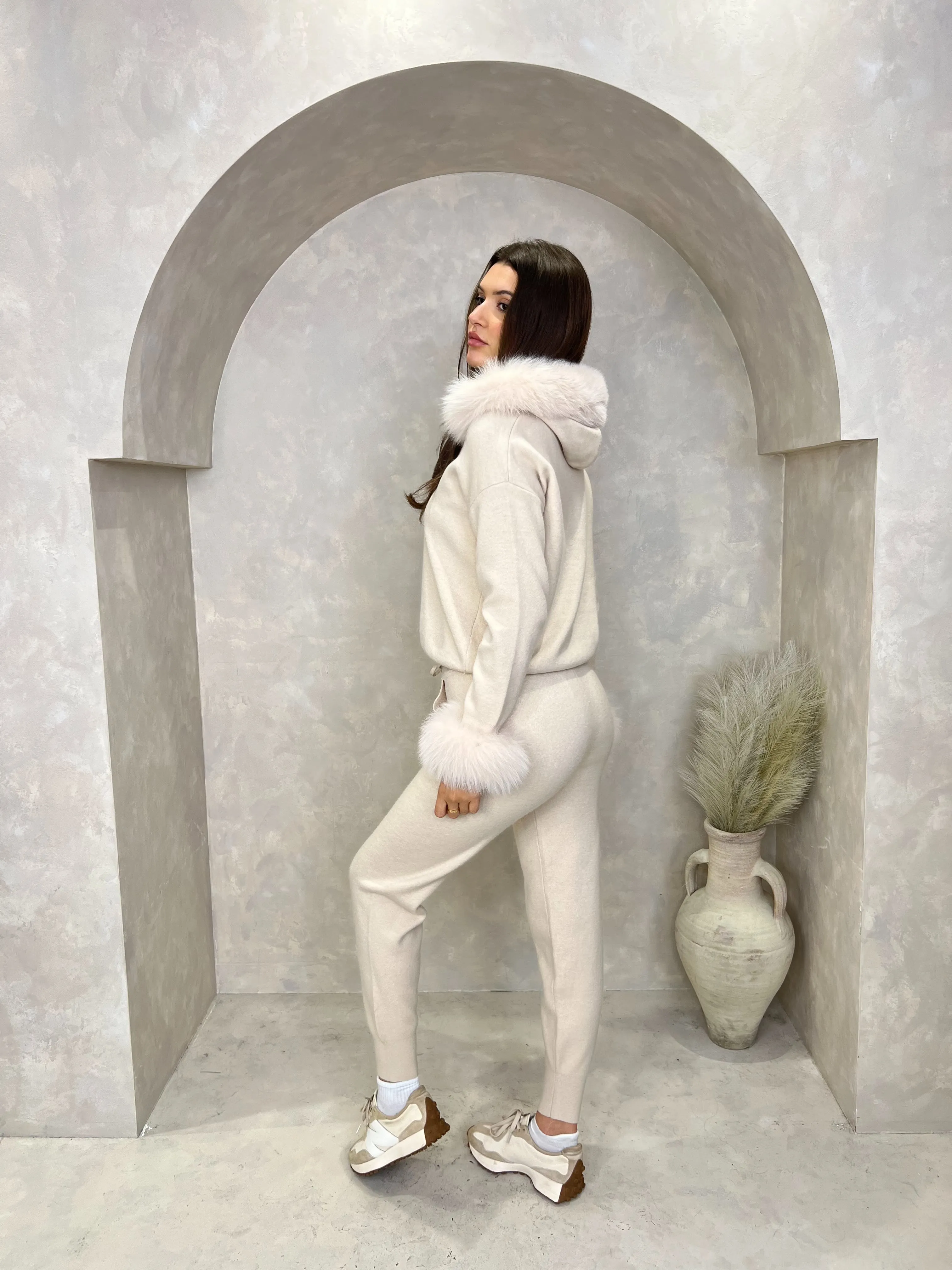 Light Beige Luxury Fur Trim Hood & Cuff Jogger Tracksuit