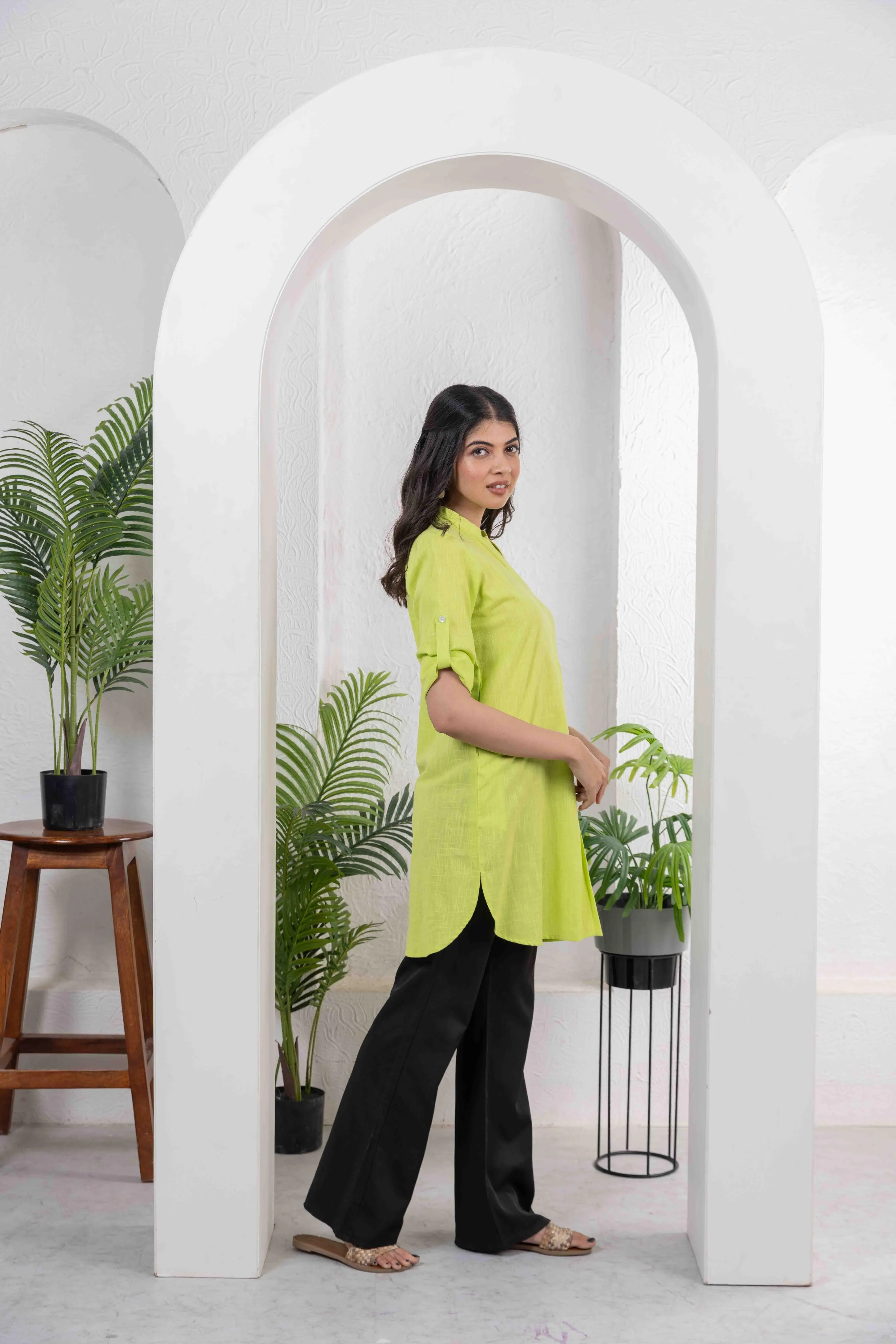 Lime Green Cotton Slub Box Pleat Long Kurta