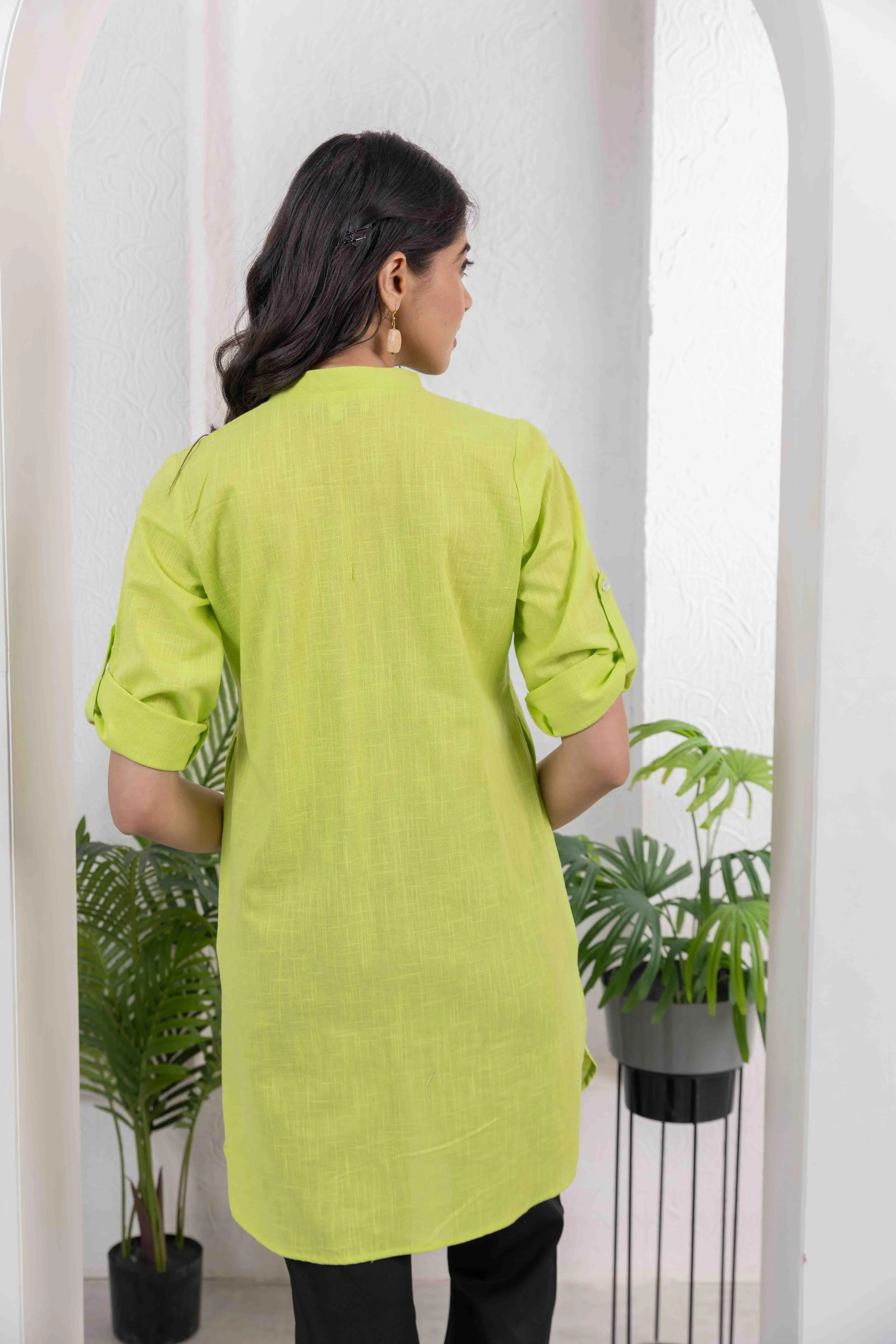 Lime Green Cotton Slub Box Pleat Long Kurta