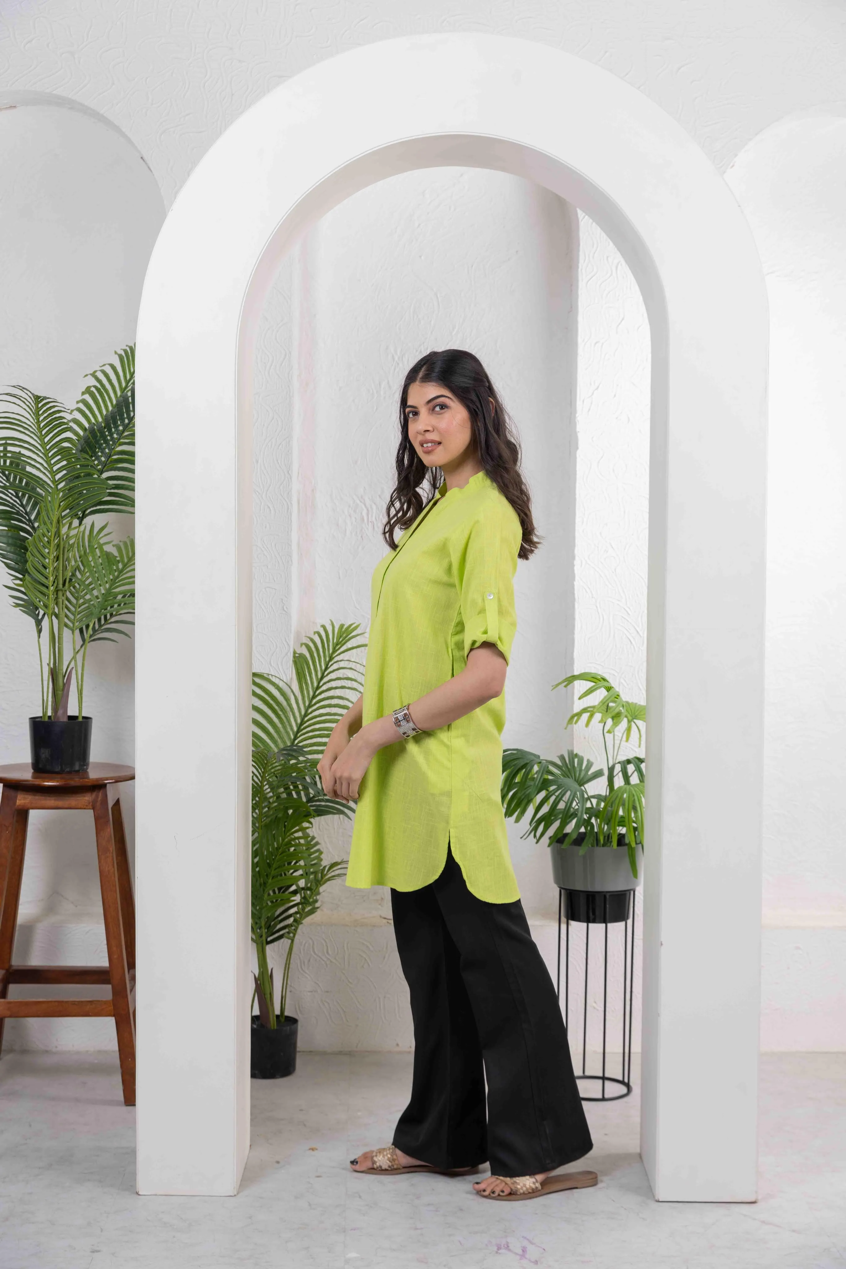 Lime Green Cotton Slub Box Pleat Long Kurta