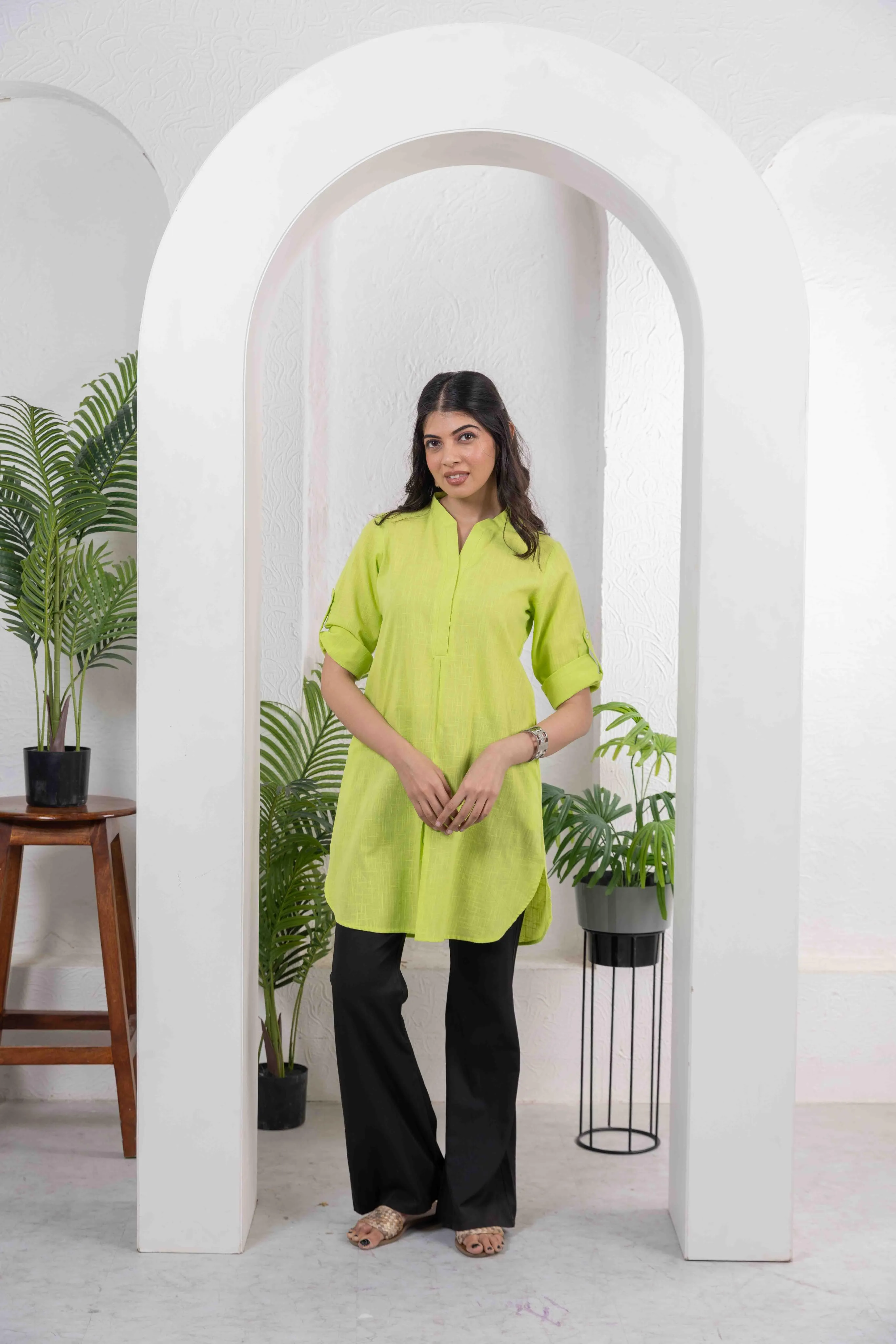 Lime Green Cotton Slub Box Pleat Long Kurta