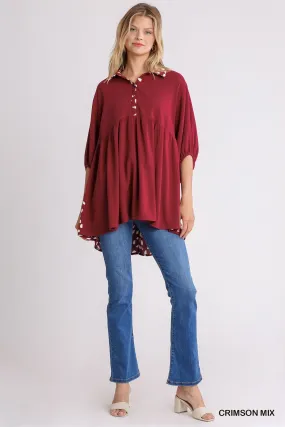 Linen Blend Animal Print Collar Button Down Tunic