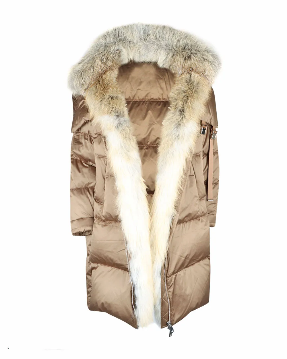 Long Down Fox Fur Coat in Brown