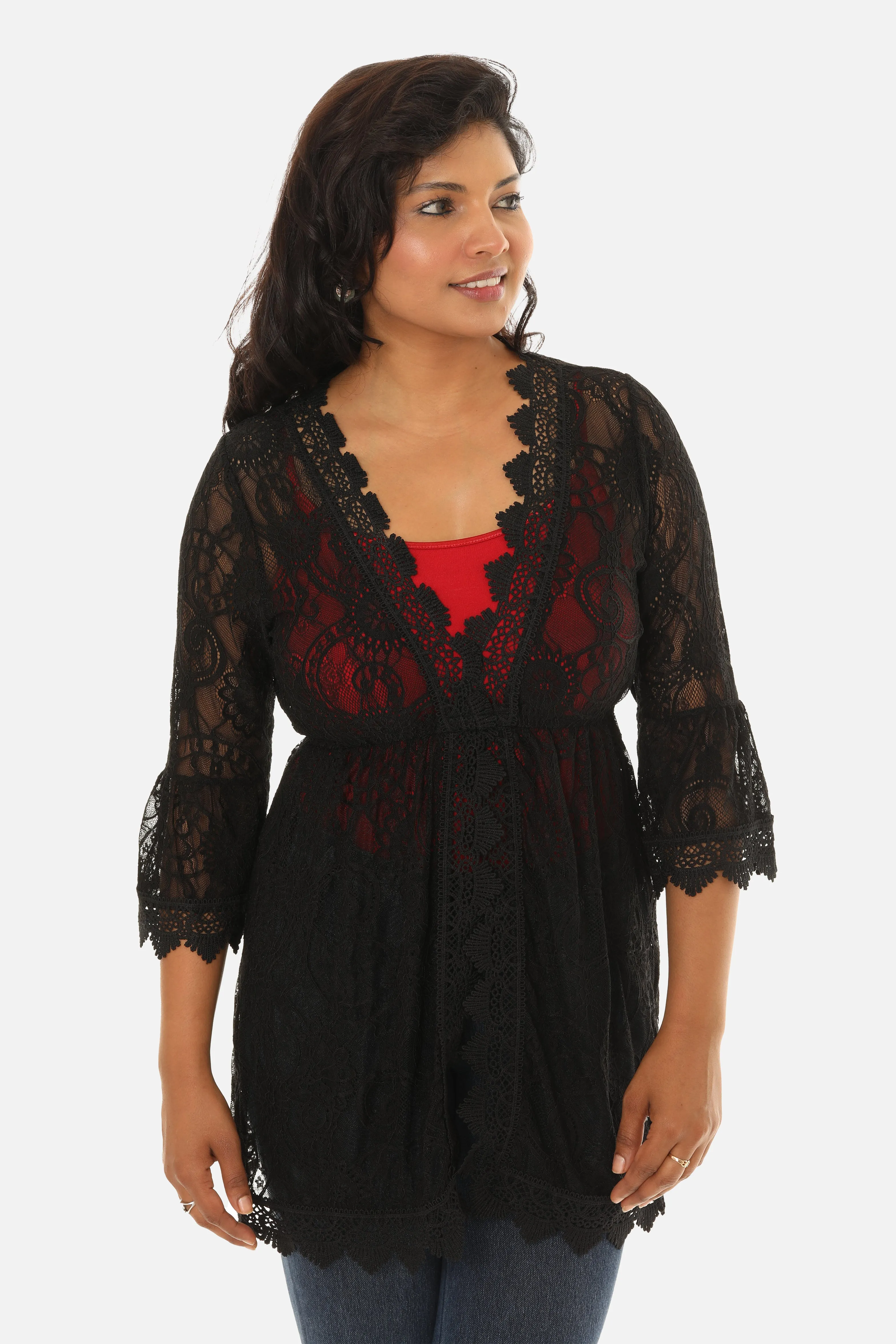 Long Sleeve Lace and Mesh Embroidered Tunic Top