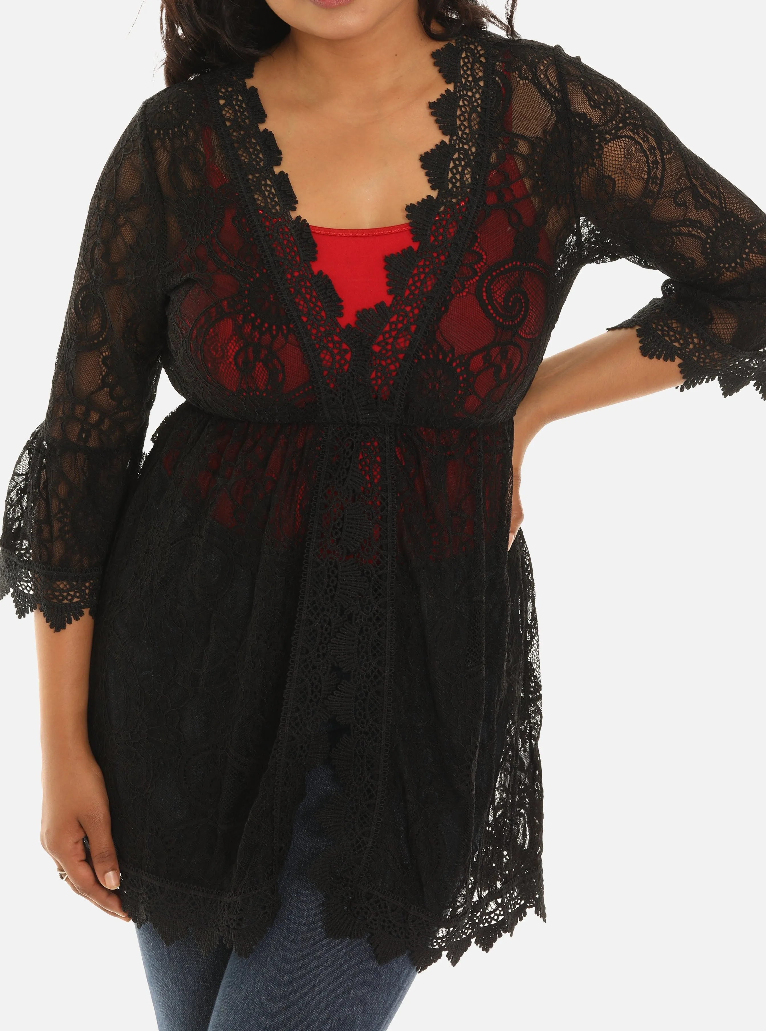 Long Sleeve Lace and Mesh Embroidered Tunic Top
