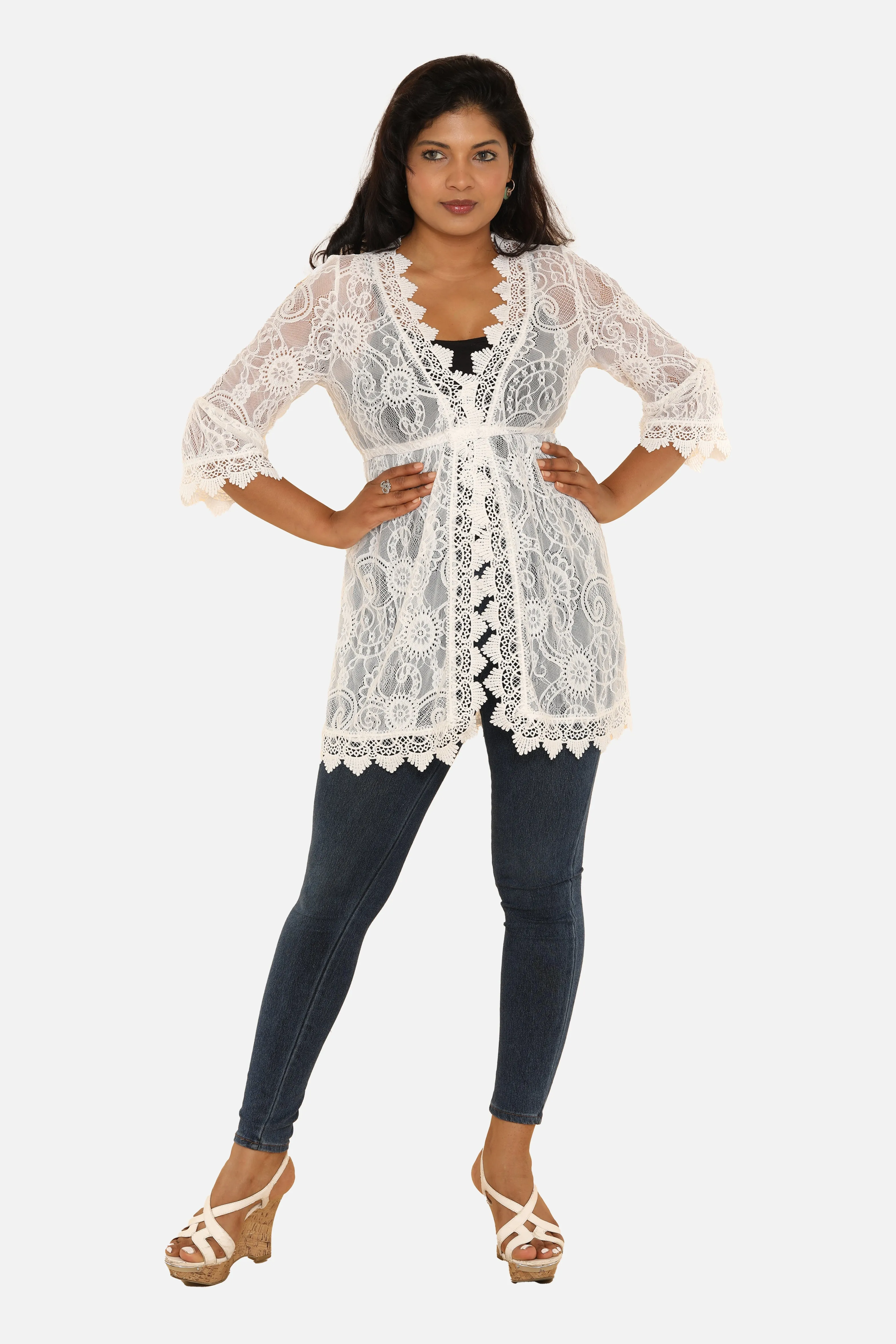 Long Sleeve Lace and Mesh Embroidered Tunic Top