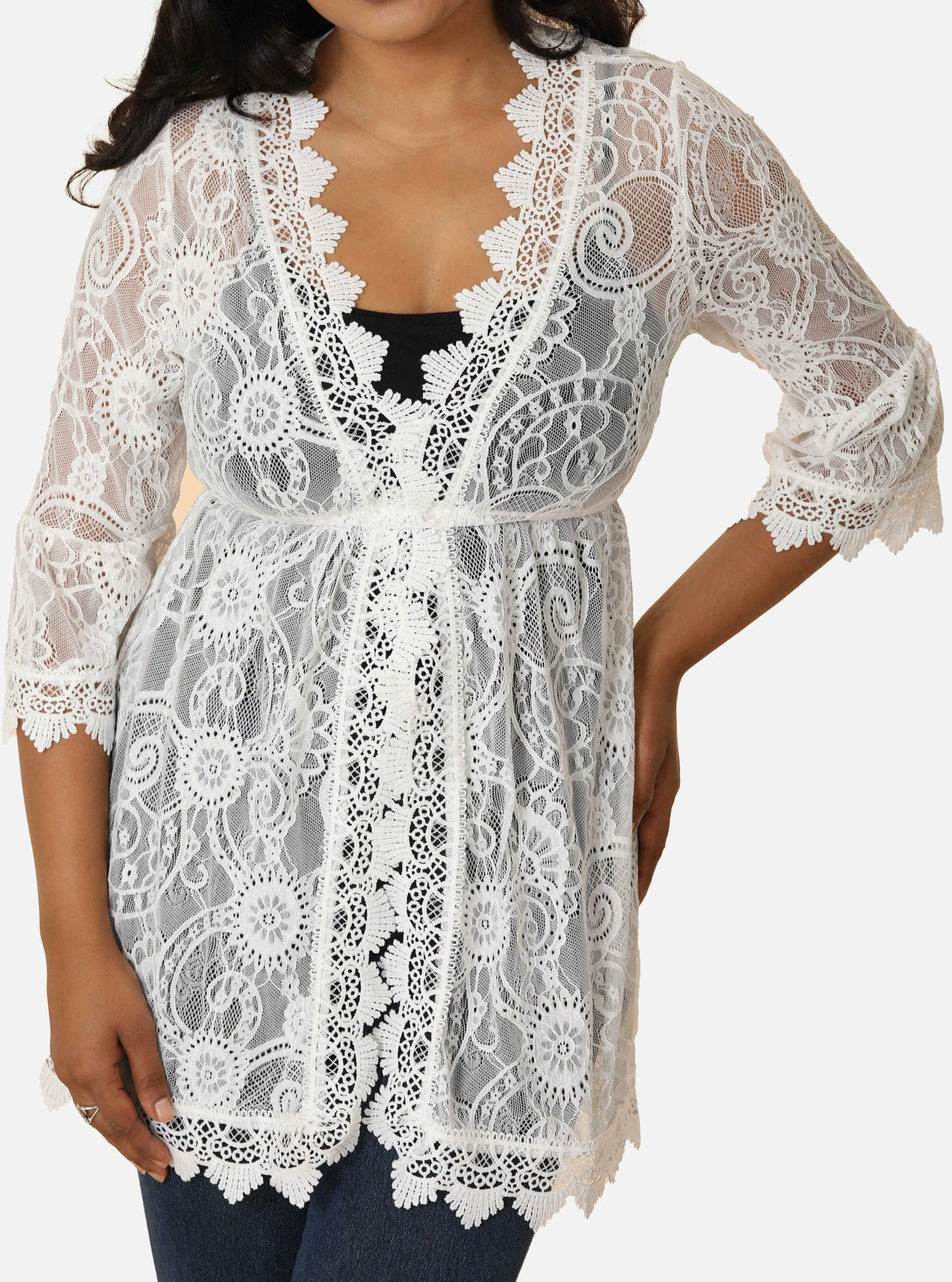 Long Sleeve Lace and Mesh Embroidered Tunic Top
