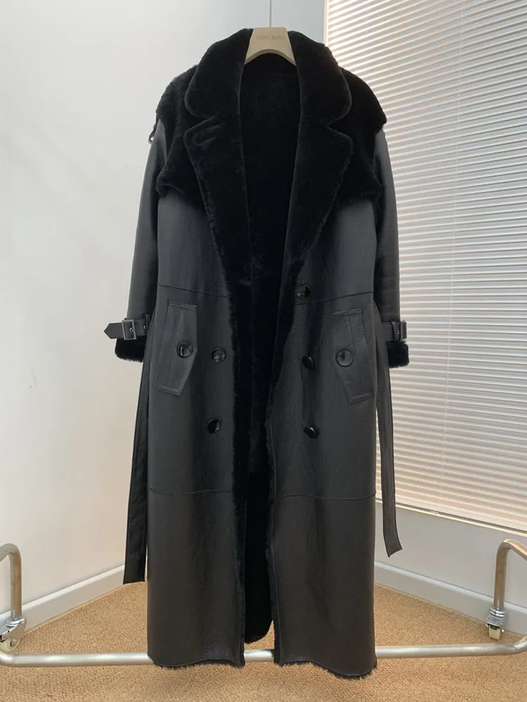Luxury Long Real Leather Full Sleeve Double Breasted Coat
