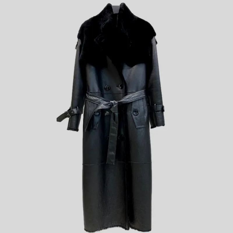 Luxury Long Real Leather Full Sleeve Double Breasted Coat