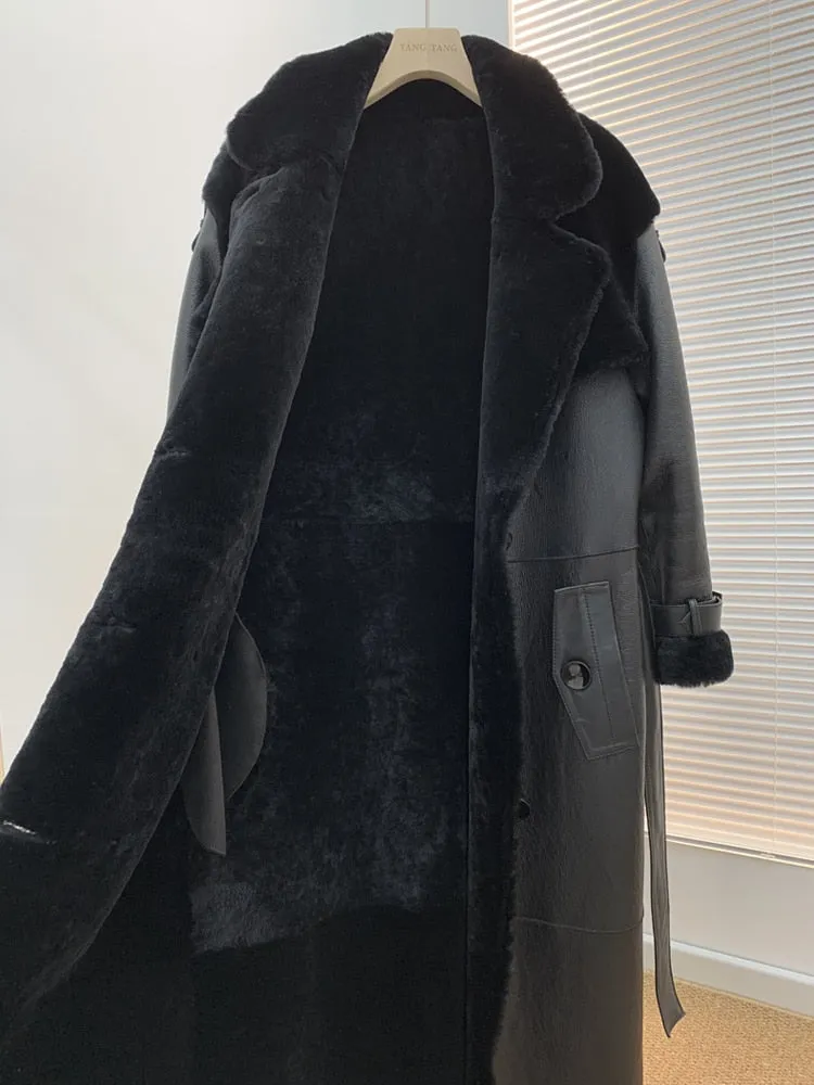 Luxury Long Real Leather Full Sleeve Double Breasted Coat