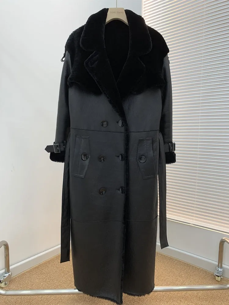 Luxury Long Real Leather Full Sleeve Double Breasted Coat