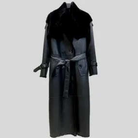 Luxury Long Real Leather Full Sleeve Double Breasted Coat
