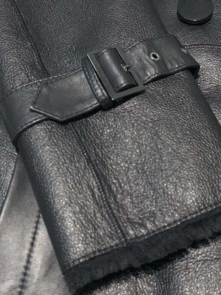 Luxury Long Real Leather Full Sleeve Double Breasted Coat
