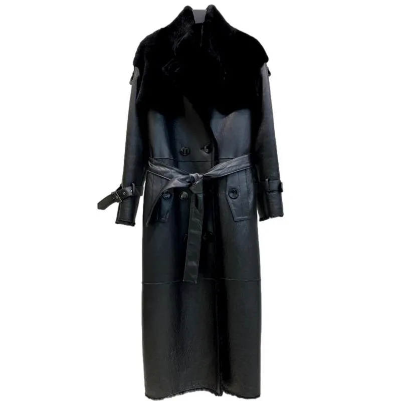Luxury Long Real Leather Full Sleeve Double Breasted Coat