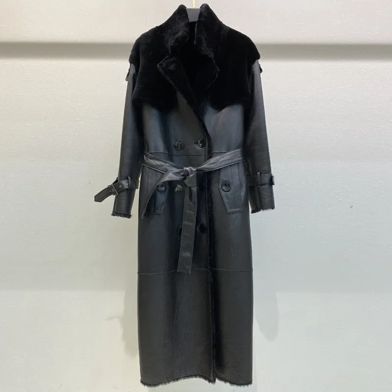 Luxury Long Real Leather Full Sleeve Double Breasted Coat