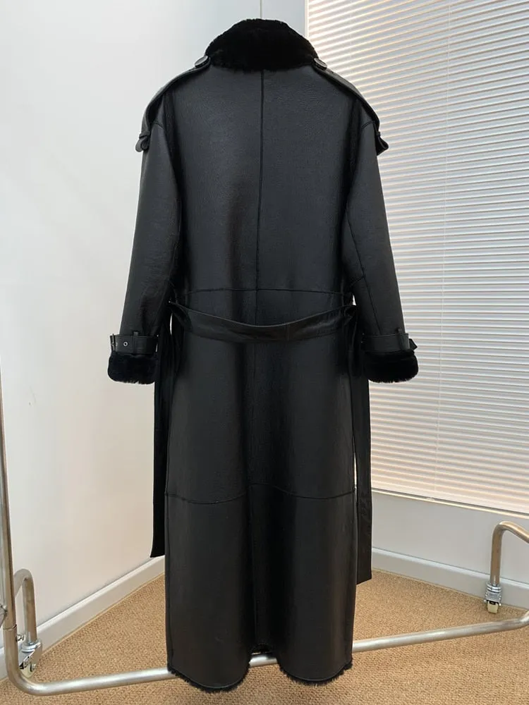 Luxury Long Real Leather Full Sleeve Double Breasted Coat