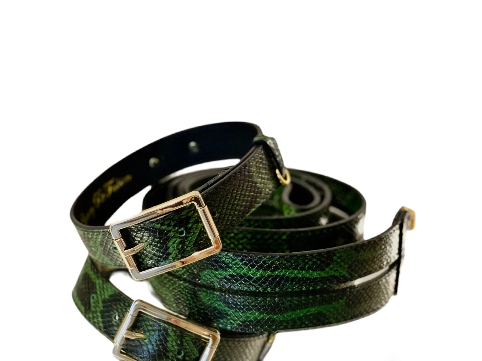 Luxury Pet Fashion Green and Black Embossed Python Italian Leather Collar & Leash Set.