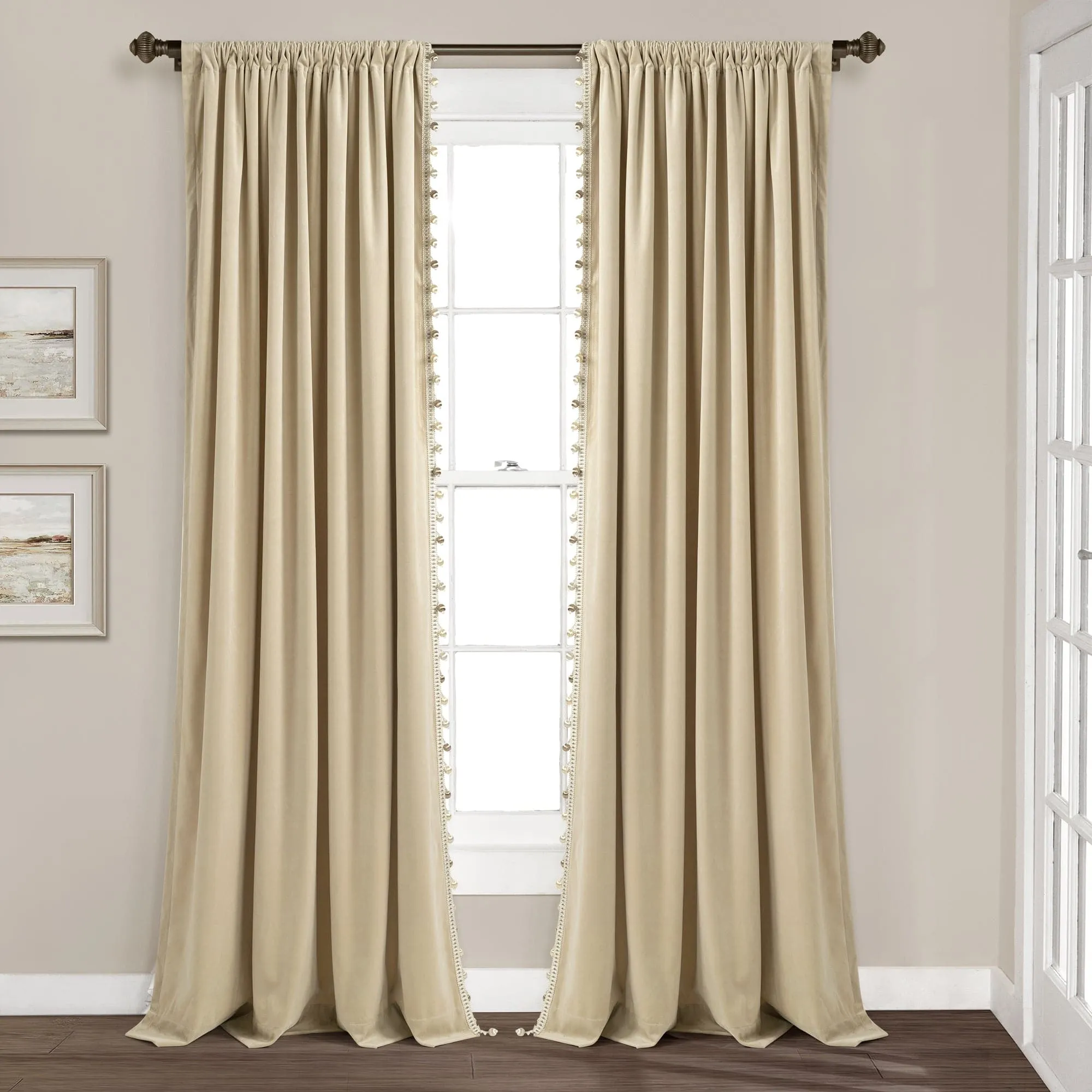 Luxury Vintage Velvet With Silky Pompom Trim Window Curtain Panel