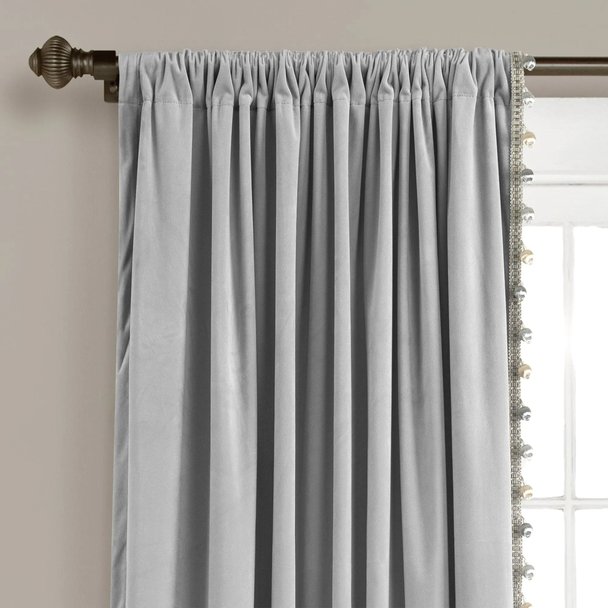 Luxury Vintage Velvet With Silky Pompom Trim Window Curtain Panel