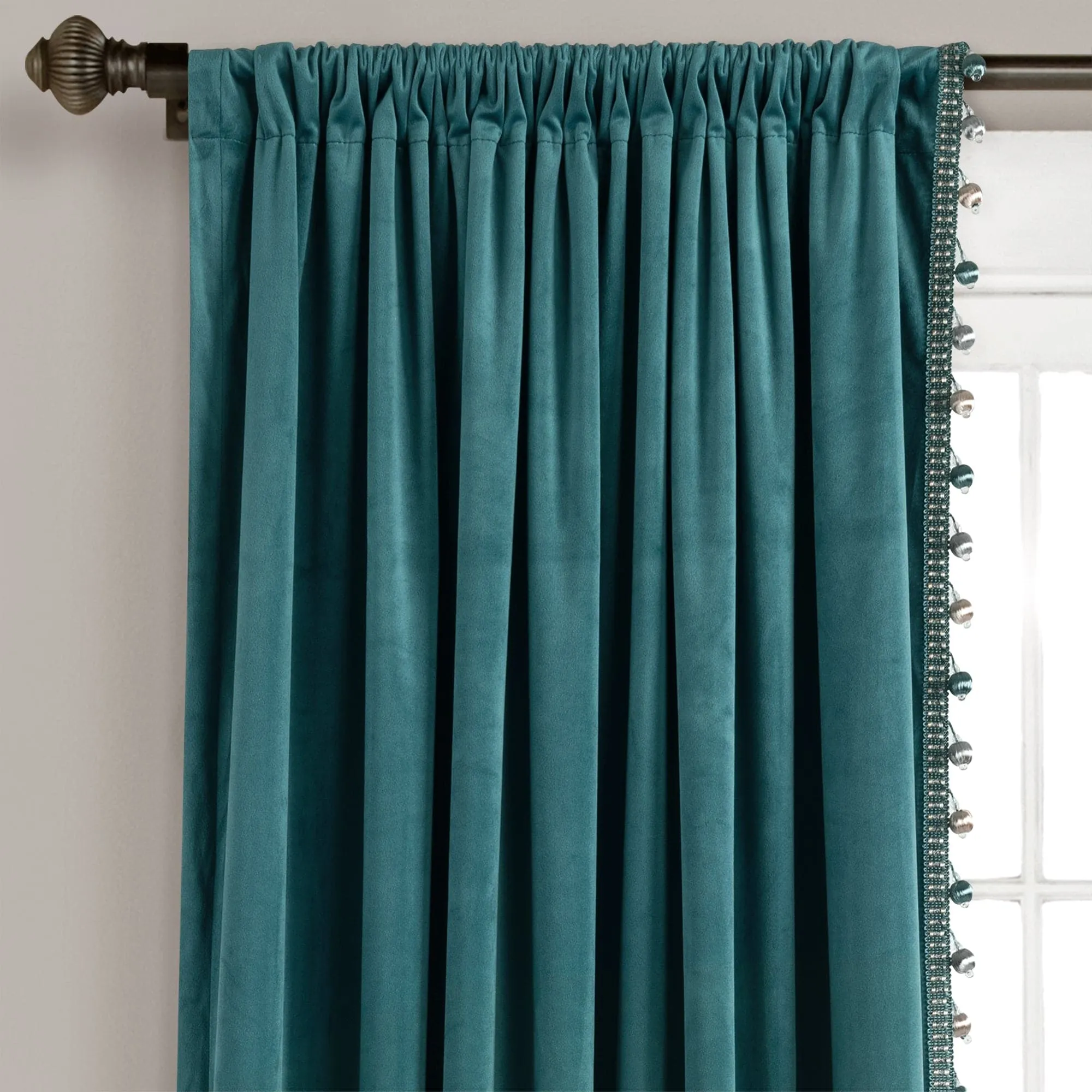 Luxury Vintage Velvet With Silky Pompom Trim Window Curtain Panel