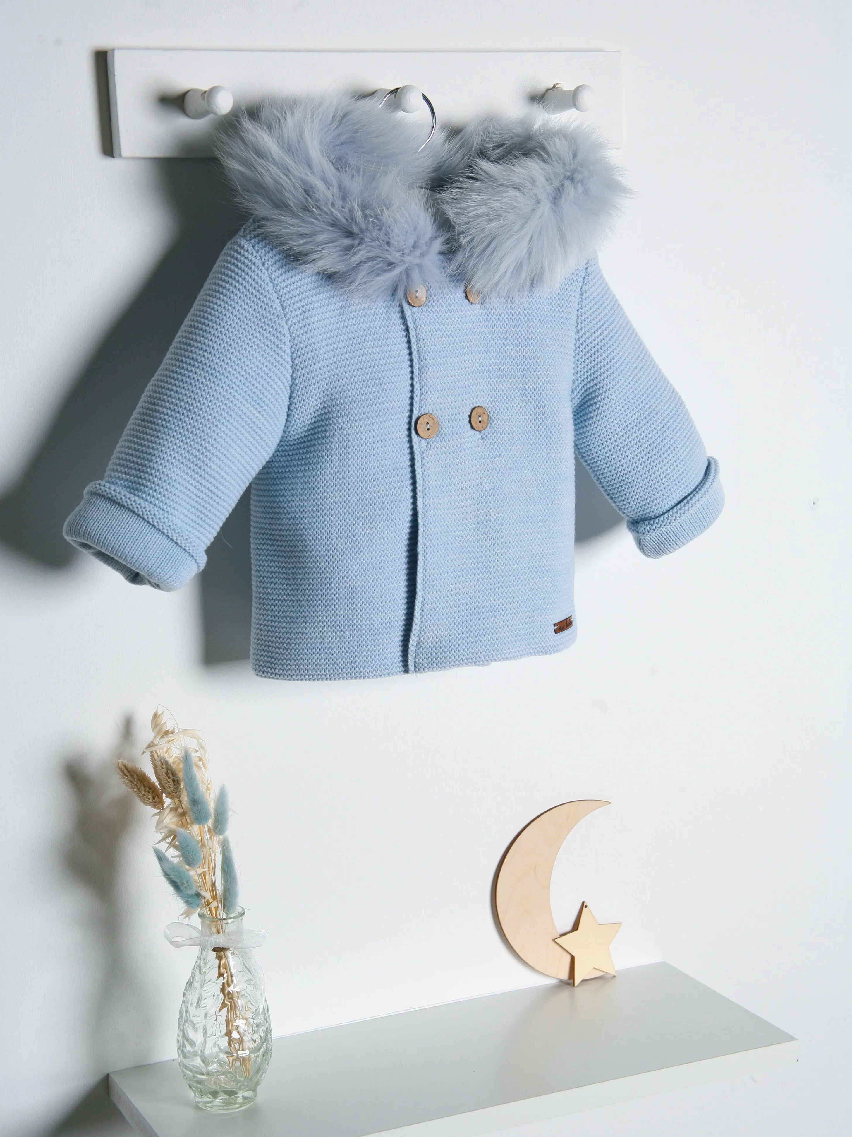 Mac Ilusion Blue Double Breasted Knitted Jacket with Fur Hood