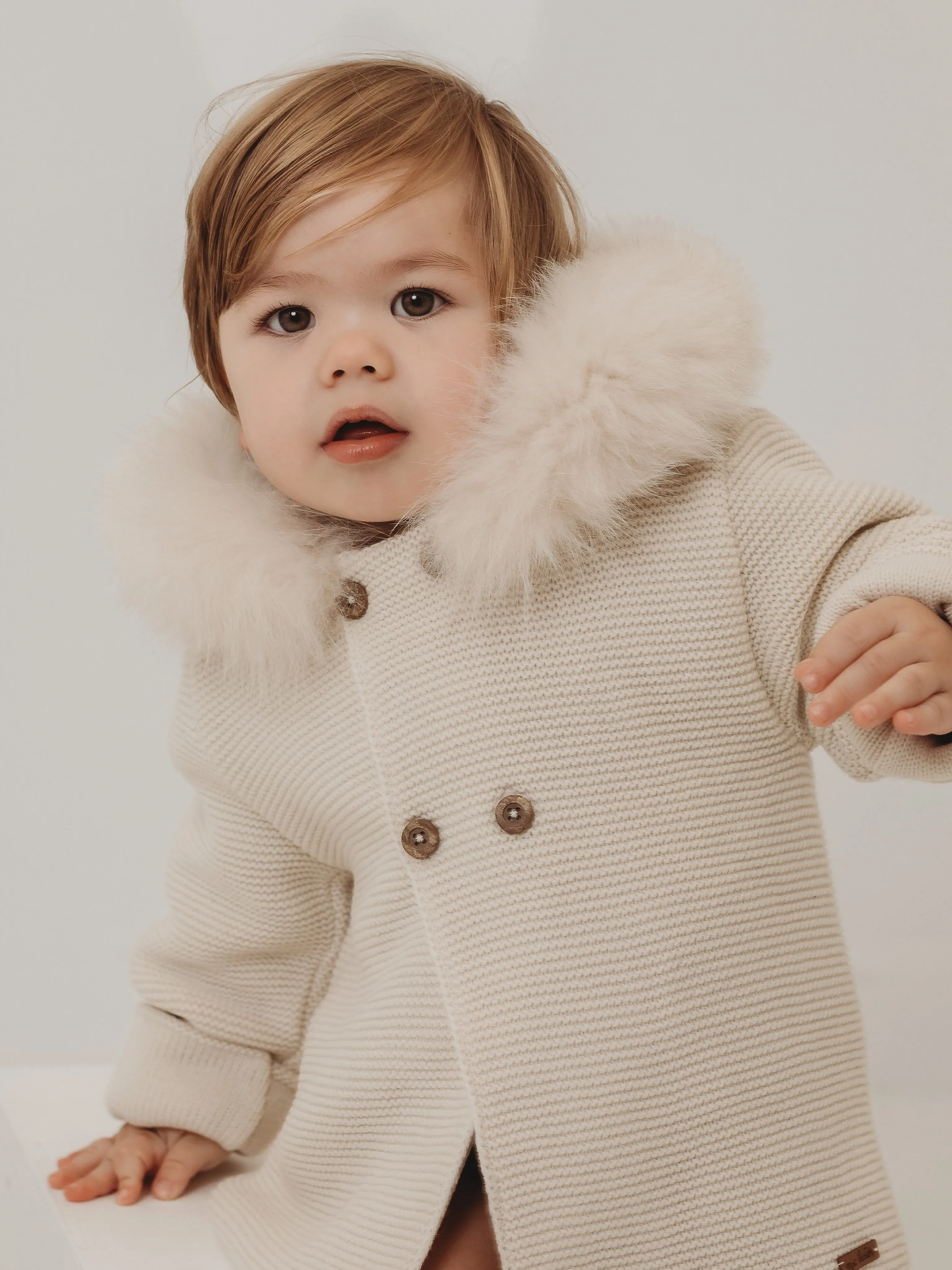 Mac Ilusion Natural Double Breasted Knitted Jacket with Fur Hood