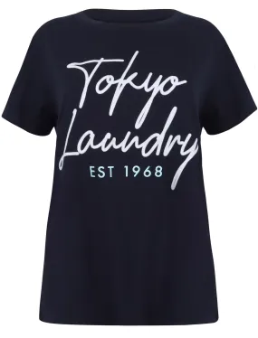 Mackie Cotton Jersey T-Shirt with Flocked Motif In Peacoat Navy - Tokyo Laundry