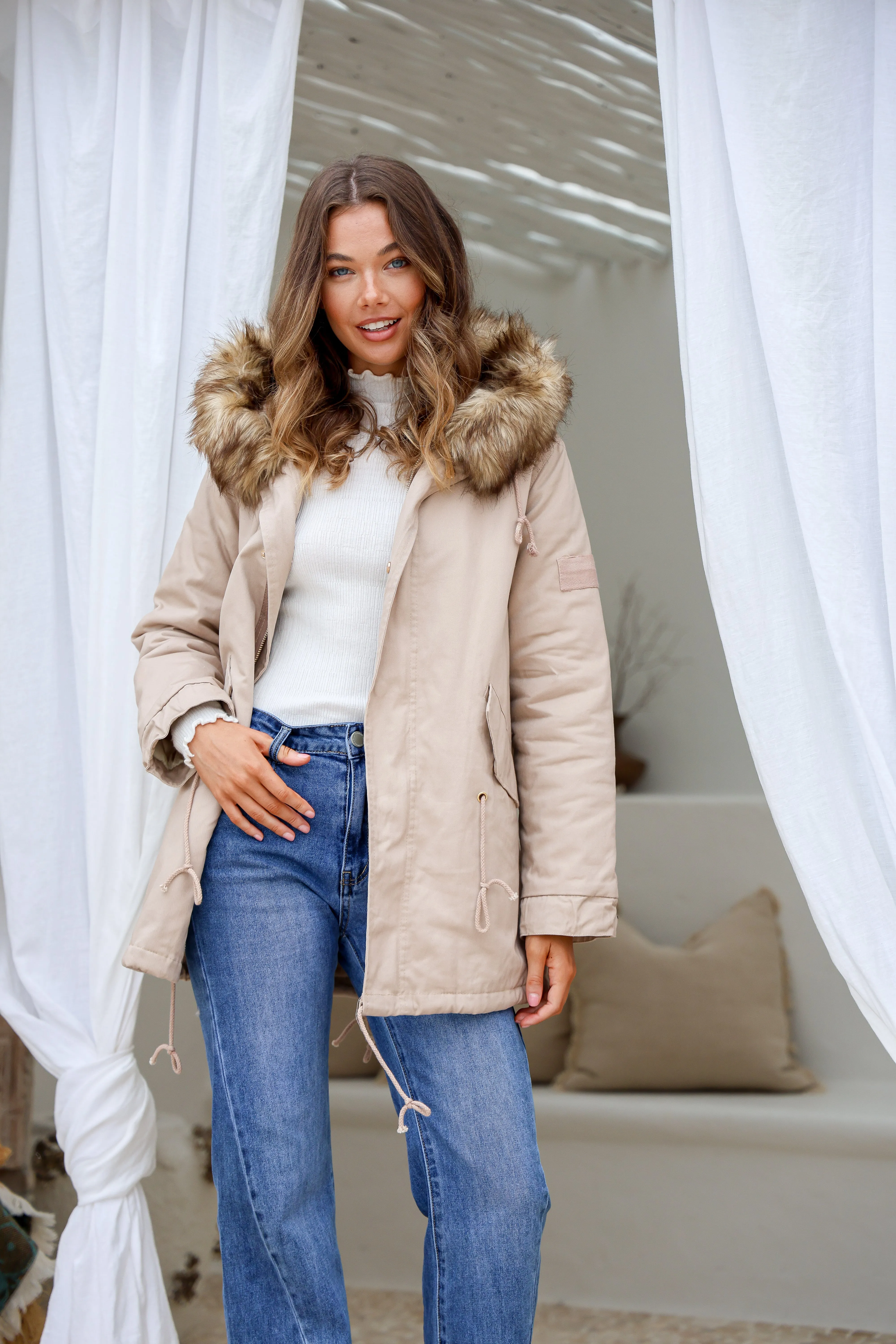 MAYE FUR TRIM ANORAK LATTE