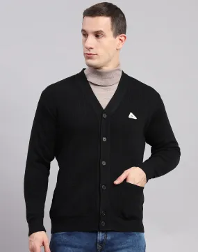 Men Black Solid V Neck Full Sleeve Cardigan