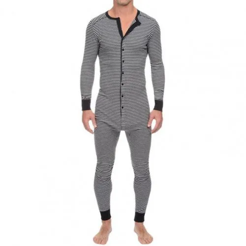 Men Underwear Pajama Skinny Striped Jumpsuit Long Sleeve O Neck Buttons Romper Sleepwear Overall Wholesale Onesies- Pajama Set