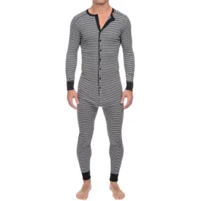 Men Underwear Pajama Skinny Striped Jumpsuit Long Sleeve O Neck Buttons Romper Sleepwear Overall Wholesale Onesies- Pajama Set