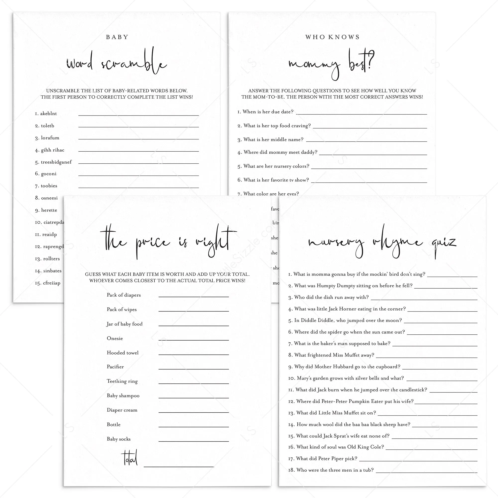 Minimalist Baby Shower Games Pack Download