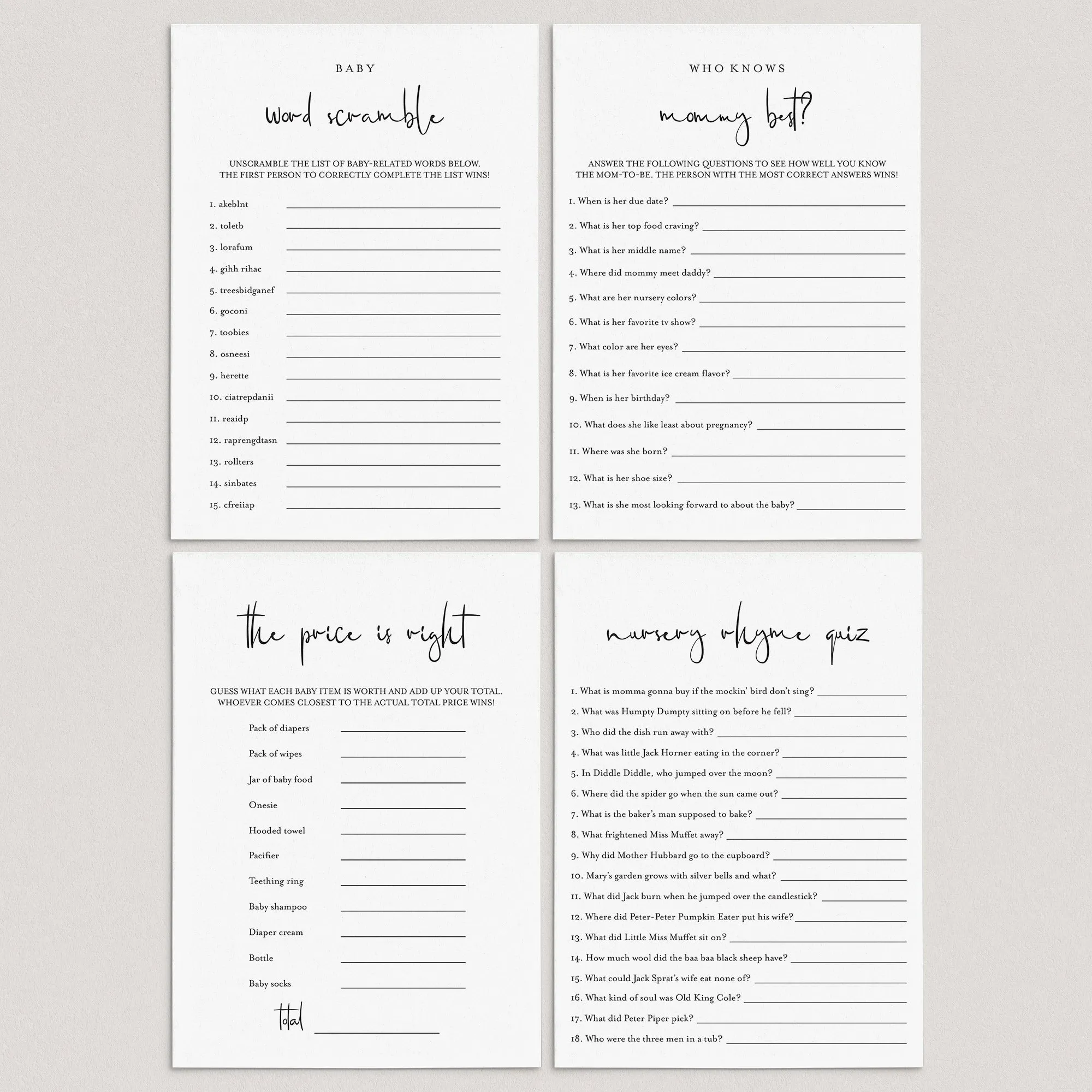 Minimalist Baby Shower Games Pack Download