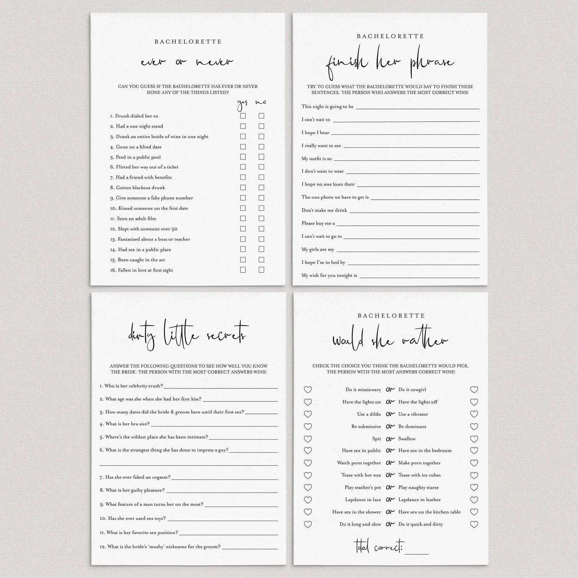 Minimalist Bachelorette Party Games Bundle Printable