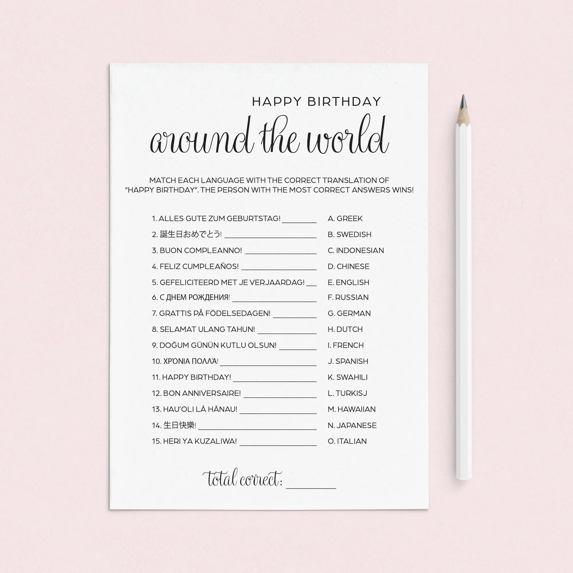 Minimalist Birthday Party Game Printable Happy Birthday in Different Languages