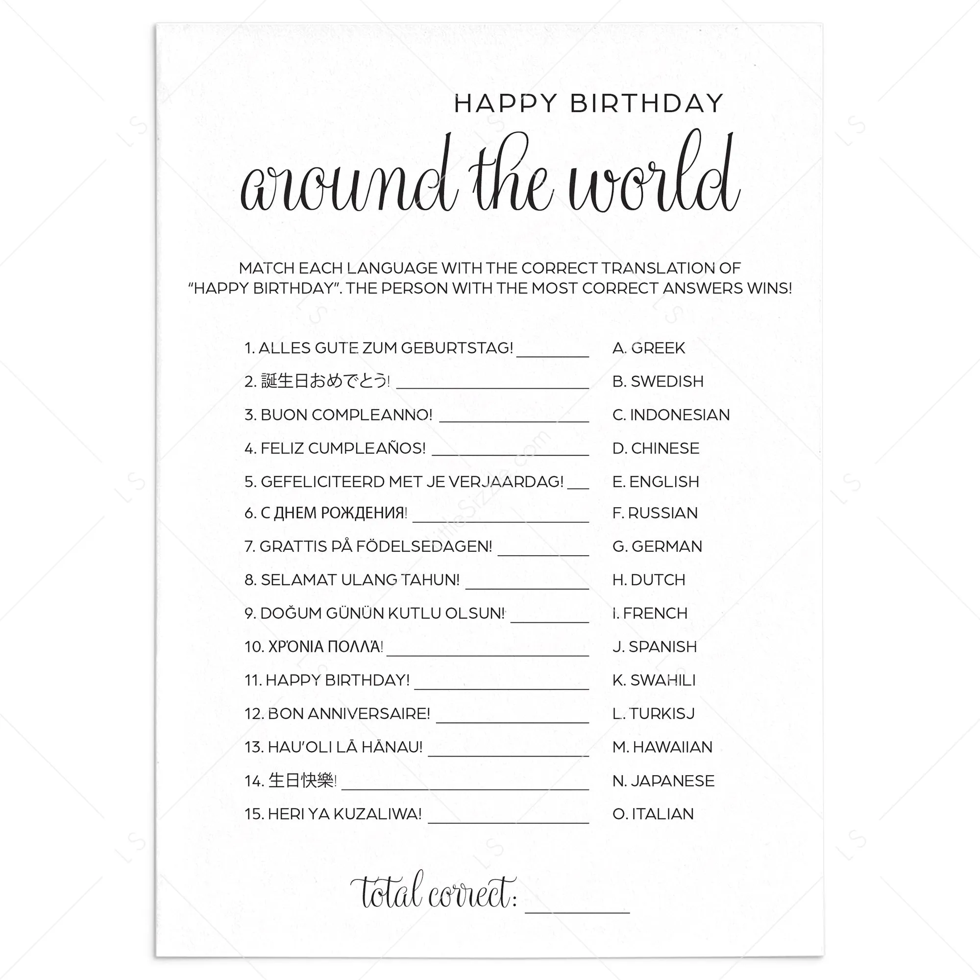 Minimalist Birthday Party Game Printable Happy Birthday in Different Languages