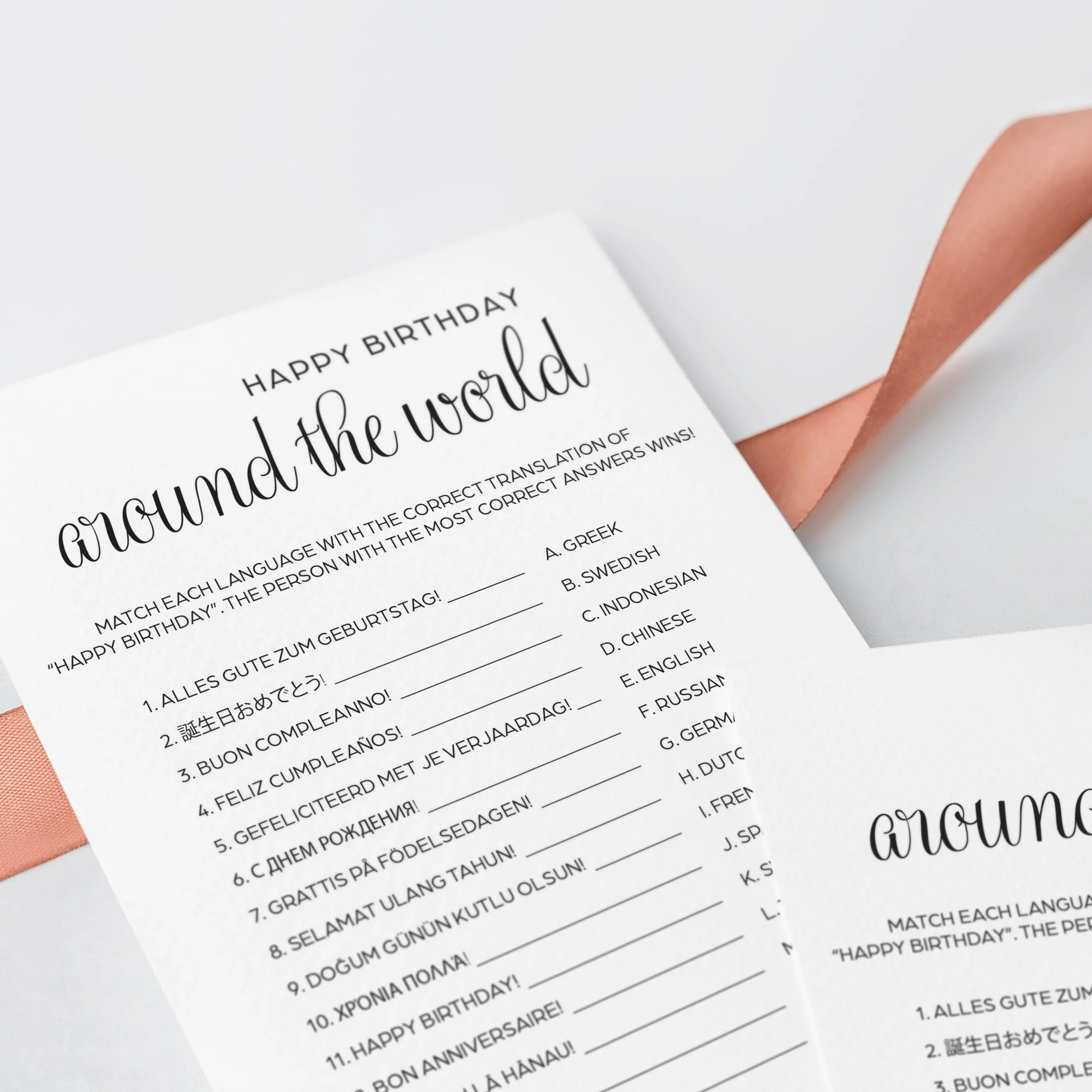 Minimalist Birthday Party Game Printable Happy Birthday in Different Languages