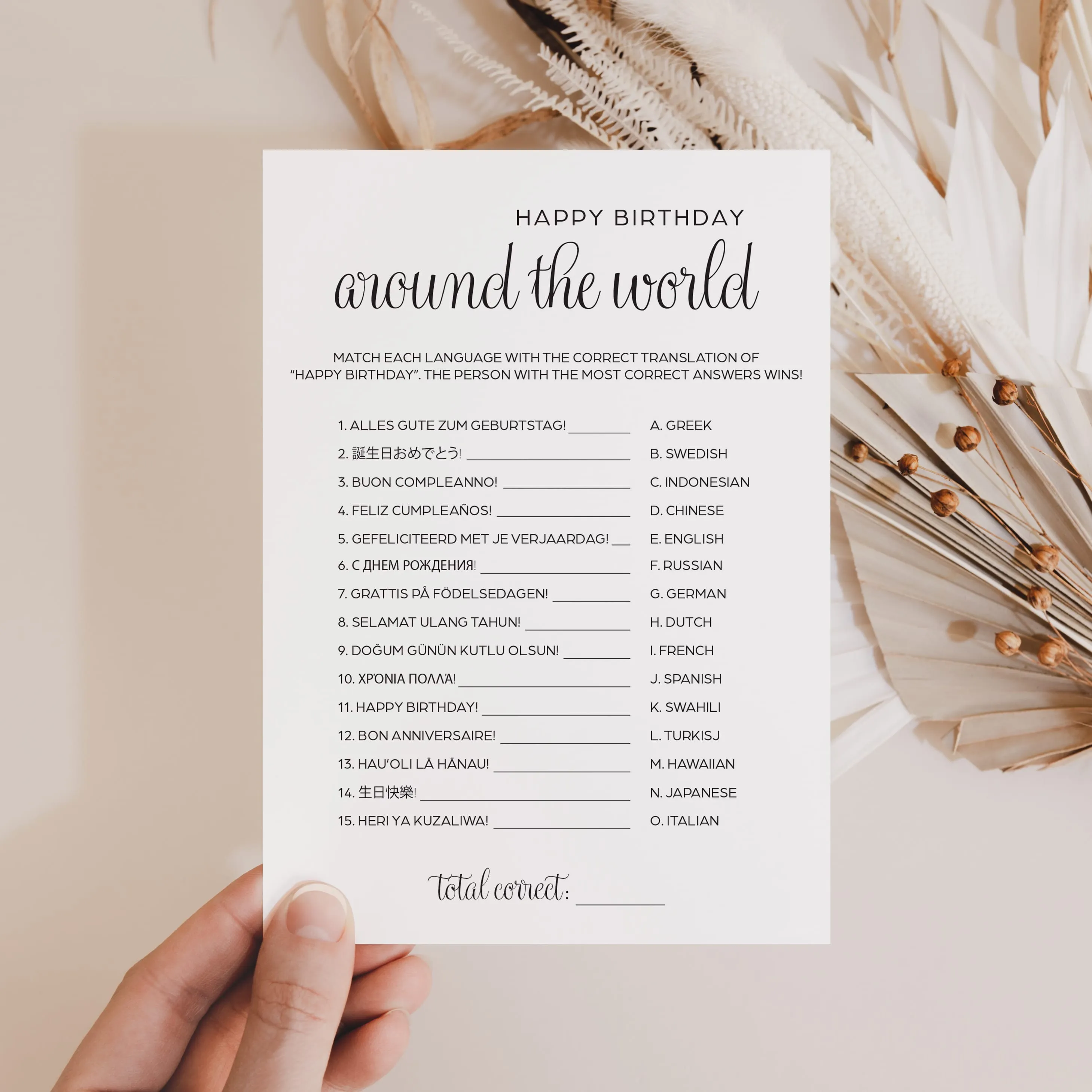 Minimalist Birthday Party Game Printable Happy Birthday in Different Languages